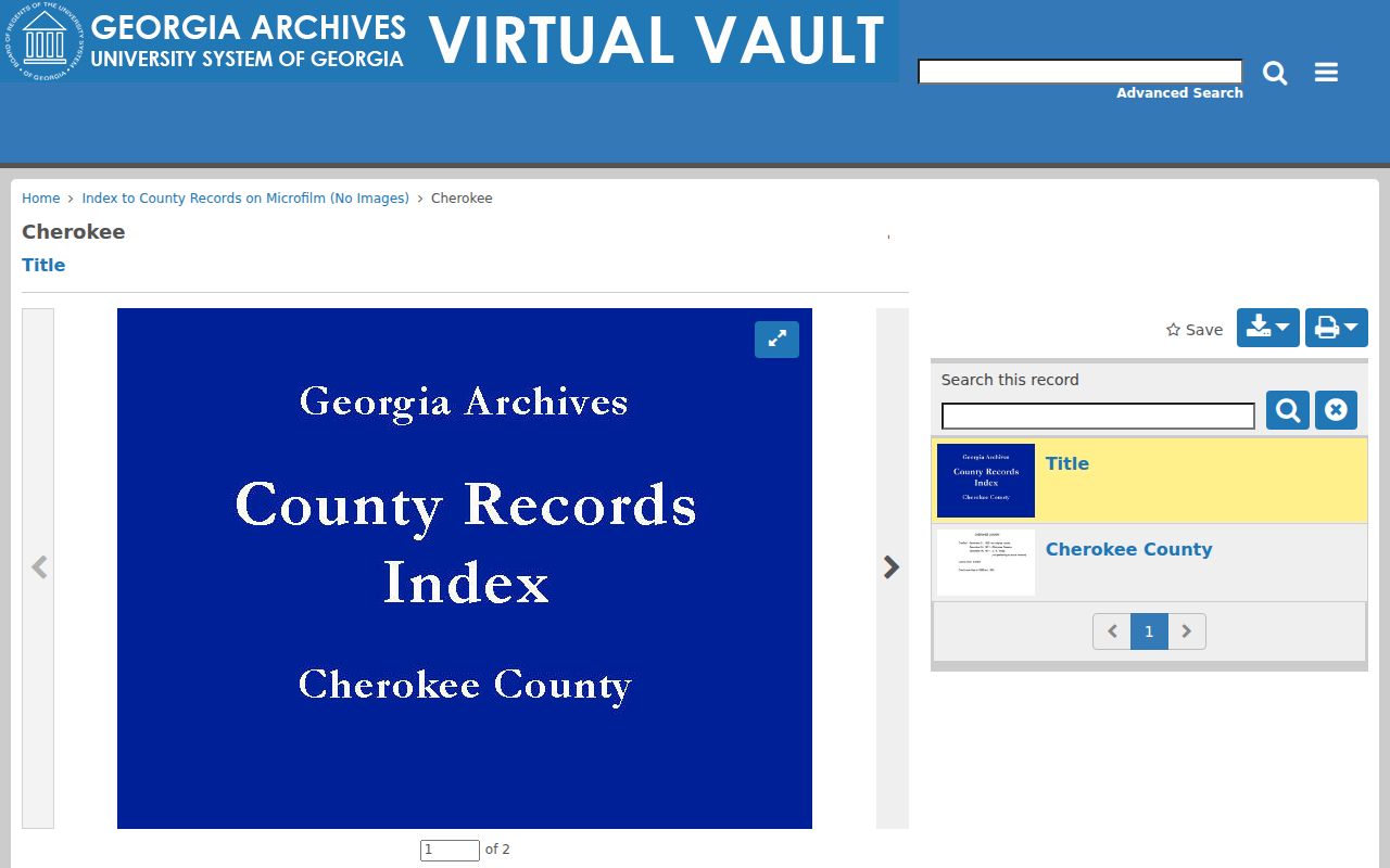 Georgia Archives Cherokee County microfilm index for older property records