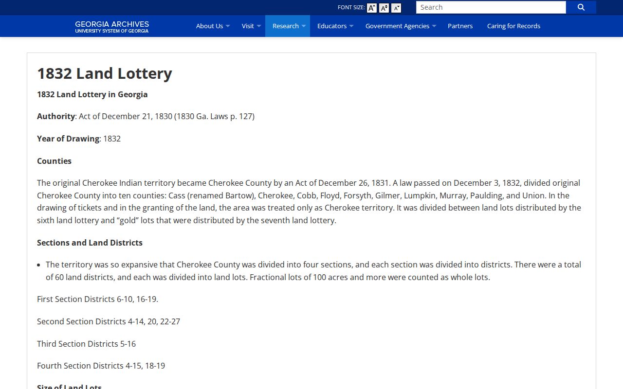 Georgia Archives 1832 land lottery source for Cherokee County property history